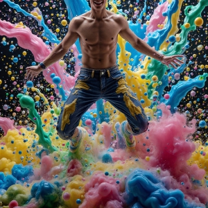 Paint Splat Fun - AI Photos of Hot men having fun with body paint. AI-generated abstract art featuring beautiful, handsome, sexy, shirtless, men, boys, lads, full of excitement joy and fun, covered in body paint, dynamic, interactive, Combining elements of realism with surreal abstract qualities, showcasing the potential of AI, in artistic expression. Photos of guys, just smiling, happy, and having a good time. Most of them are smiling because a paint bomb just blow up next to them, so I'm calling is Abstract Art. When paint attacks and makes people happy, it's Art!