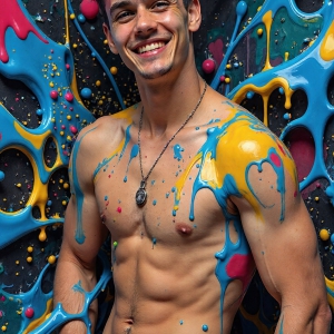 Paint Splat Fun - AI Photos of Hot men having fun with body paint. AI-generated abstract art featuring beautiful, handsome, sexy, shirtless, men, boys, lads, full of excitement joy and fun, covered in body paint, dynamic, interactive, Combining elements of realism with surreal abstract qualities, showcasing the potential of AI, in artistic expression. Photos of guys, just smiling, happy, and having a good time. Most of them are smiling because a paint bomb just blow up next to them, so I'm calling is Abstract Art. When paint attacks and makes people happy, it's Art!