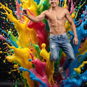Paint Splat Fun - AI Photos of Hot men having fun with body paint. AI-generated abstract art featuring beautiful, handsome, sexy, shirtless, men, boys, lads, full of excitement joy and fun, covered in body paint, dynamic, interactive, Combining elements of realism with surreal abstract qualities, showcasing the potential of AI, in artistic expression. Photos of guys, just smiling, happy, and having a good time. Most of them are smiling because a paint bomb just blow up next to them, so I'm calling is Abstract Art. When paint attacks and makes people happy, it's Art!