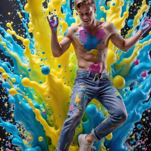 Paint Splat Fun - AI Photos of Hot men having fun with body paint. AI-generated abstract art featuring beautiful, handsome, sexy, shirtless, men, boys, lads, full of excitement joy and fun, covered in body paint, dynamic, interactive, Combining elements of realism with surreal abstract qualities, showcasing the potential of AI, in artistic expression. Photos of guys, just smiling, happy, and having a good time. Most of them are smiling because a paint bomb just blow up next to them, so I'm calling is Abstract Art. When paint attacks and makes people happy, it's Art!
