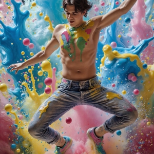 Paint Splat Fun - AI Photos of Hot men having fun with body paint. AI-generated abstract art featuring beautiful, handsome, sexy, shirtless, men, boys, lads, full of excitement joy and fun, covered in body paint, dynamic, interactive, Combining elements of realism with surreal abstract qualities, showcasing the potential of AI, in artistic expression. Photos of guys, just smiling, happy, and having a good time. Most of them are smiling because a paint bomb just blow up next to them, so I'm calling is Abstract Art. When paint attacks and makes people happy, it's Art!