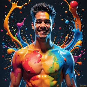 Paint Splat Fun - AI Photos of Hot men having fun with body paint. AI-generated abstract art featuring beautiful, handsome, sexy, shirtless, men, boys, lads, full of excitement joy and fun, covered in body paint, dynamic, interactive, Combining elements of realism with surreal abstract qualities, showcasing the potential of AI, in artistic expression. Photos of guys, just smiling, happy, and having a good time. Most of them are smiling because a paint bomb just blow up next to them, so I'm calling is Abstract Art. When paint attacks and makes people happy, it's Art!