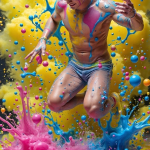 Paint Splat Fun - AI Photos of Hot men having fun with body paint. AI-generated abstract art featuring beautiful, handsome, sexy, shirtless, men, boys, lads, full of excitement joy and fun, covered in body paint, dynamic, interactive, Combining elements of realism with surreal abstract qualities, showcasing the potential of AI, in artistic expression. Photos of guys, just smiling, happy, and having a good time. Most of them are smiling because a paint bomb just blow up next to them, so I'm calling is Abstract Art. When paint attacks and makes people happy, it's Art!