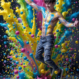 Paint Splat Fun - AI Photos of Hot men having fun with body paint. AI-generated abstract art featuring beautiful, handsome, sexy, shirtless, men, boys, lads, full of excitement joy and fun, covered in body paint, dynamic, interactive, Combining elements of realism with surreal abstract qualities, showcasing the potential of AI, in artistic expression. Photos of guys, just smiling, happy, and having a good time. Most of them are smiling because a paint bomb just blow up next to them, so I'm calling is Abstract Art. When paint attacks and makes people happy, it's Art!