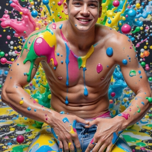Paint Splat Fun - AI Photos of Hot men having fun with body paint. AI-generated abstract art featuring beautiful, handsome, sexy, shirtless, men, boys, lads, full of excitement joy and fun, covered in body paint, dynamic, interactive, Combining elements of realism with surreal abstract qualities, showcasing the potential of AI, in artistic expression. Photos of guys, just smiling, happy, and having a good time. Most of them are smiling because a paint bomb just blow up next to them, so I'm calling is Abstract Art. When paint attacks and makes people happy, it's Art!
