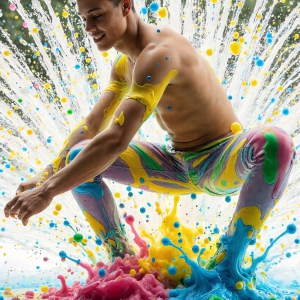 Paint Splat Fun - AI Photos of Hot men having fun with body paint. AI-generated abstract art featuring beautiful, handsome, sexy, shirtless, men, boys, lads, full of excitement joy and fun, covered in body paint, dynamic, interactive, Combining elements of realism with surreal abstract qualities, showcasing the potential of AI, in artistic expression. Photos of guys, just smiling, happy, and having a good time. Most of them are smiling because a paint bomb just blow up next to them, so I'm calling is Abstract Art. When paint attacks and makes people happy, it's Art!