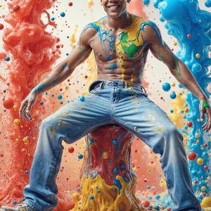 Paint Splat Fun - AI Photos of Hot men having fun with body paint. AI-generated abstract art featuring beautiful, handsome, sexy, shirtless, men, boys, lads, full of excitement joy and fun, covered in body paint, dynamic, interactive, Combining elements of realism with surreal abstract qualities, showcasing the potential of AI, in artistic expression. Photos of guys, just smiling, happy, and having a good time. Most of them are smiling because a paint bomb just blow up next to them, so I'm calling is Abstract Art. When paint attacks and makes people happy, it's Art!