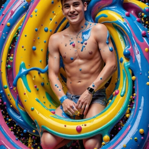 Paint Splat Fun - AI Photos of Hot men having fun with body paint. AI-generated abstract art featuring beautiful, handsome, sexy, shirtless, men, boys, lads, full of excitement joy and fun, covered in body paint, dynamic, interactive, Combining elements of realism with surreal abstract qualities, showcasing the potential of AI, in artistic expression. Photos of guys, just smiling, happy, and having a good time. Most of them are smiling because a paint bomb just blow up next to them, so I'm calling is Abstract Art. When paint attacks and makes people happy, it's Art!