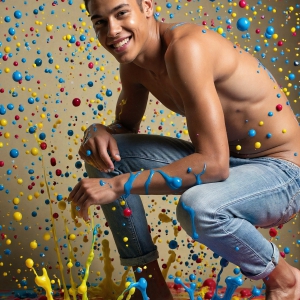 Paint Splat Fun - AI Photos of Hot men having fun with body paint. AI-generated abstract art featuring beautiful, handsome, sexy, shirtless, men, boys, lads, full of excitement joy and fun, covered in body paint, dynamic, interactive, Combining elements of realism with surreal abstract qualities, showcasing the potential of AI, in artistic expression. Photos of guys, just smiling, happy, and having a good time. Most of them are smiling because a paint bomb just blow up next to them, so I'm calling is Abstract Art. When paint attacks and makes people happy, it's Art!