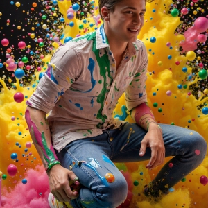 Paint Splat Fun - AI Photos of Hot men having fun with body paint. AI-generated abstract art featuring beautiful, handsome, sexy, shirtless, men, boys, lads, full of excitement joy and fun, covered in body paint, dynamic, interactive, Combining elements of realism with surreal abstract qualities, showcasing the potential of AI, in artistic expression. Photos of guys, just smiling, happy, and having a good time. Most of them are smiling because a paint bomb just blow up next to them, so I'm calling is Abstract Art. When paint attacks and makes people happy, it's Art!
