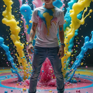 Paint Splat Fun - AI Photos of Hot men having fun with body paint. AI-generated abstract art featuring beautiful, handsome, sexy, shirtless, men, boys, lads, full of excitement joy and fun, covered in body paint, dynamic, interactive, Combining elements of realism with surreal abstract qualities, showcasing the potential of AI, in artistic expression. Photos of guys, just smiling, happy, and having a good time. Most of them are smiling because a paint bomb just blow up next to them, so I'm calling is Abstract Art. When paint attacks and makes people happy, it's Art!