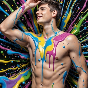 Paint Splat Fun - AI Photos of Hot men having fun with body paint. AI-generated abstract art featuring beautiful, handsome, sexy, shirtless, men, boys, lads, full of excitement joy and fun, covered in body paint, dynamic, interactive, Combining elements of realism with surreal abstract qualities, showcasing the potential of AI, in artistic expression. Photos of guys, just smiling, happy, and having a good time. Most of them are smiling because a paint bomb just blow up next to them, so I'm calling is Abstract Art. When paint attacks and makes people happy, it's Art!