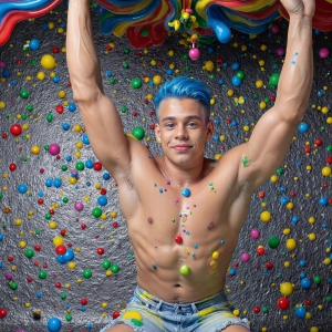 Paint Splat Fun - AI Photos of Hot men having fun with body paint. AI-generated abstract art featuring beautiful, handsome, sexy, shirtless, men, boys, lads, full of excitement joy and fun, covered in body paint, dynamic, interactive, Combining elements of realism with surreal abstract qualities, showcasing the potential of AI, in artistic expression. Photos of guys, just smiling, happy, and having a good time. Most of them are smiling because a paint bomb just blow up next to them, so I'm calling is Abstract Art. When paint attacks and makes people happy, it's Art!