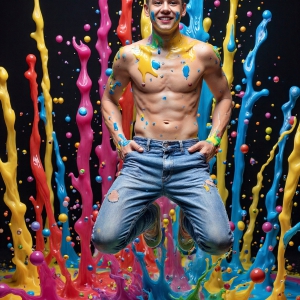 Paint Splat Fun - AI Photos of Hot men having fun with body paint. AI-generated abstract art featuring beautiful, handsome, sexy, shirtless, men, boys, lads, full of excitement joy and fun, covered in body paint, dynamic, interactive, Combining elements of realism with surreal abstract qualities, showcasing the potential of AI, in artistic expression. Photos of guys, just smiling, happy, and having a good time. Most of them are smiling because a paint bomb just blow up next to them, so I'm calling is Abstract Art. When paint attacks and makes people happy, it's Art!