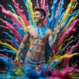Paint Splat Fun - AI Photos of Hot men having fun with body paint. AI-generated abstract art featuring beautiful, handsome, sexy, shirtless, men, boys, lads, full of excitement joy and fun, covered in body paint, dynamic, interactive, Combining elements of realism with surreal abstract qualities, showcasing the potential of AI, in artistic expression. Photos of guys, just smiling, happy, and having a good time. Most of them are smiling because a paint bomb just blow up next to them, so I'm calling is Abstract Art. When paint attacks and makes people happy, it's Art!
