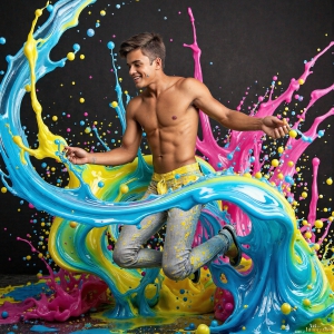 Paint Splat Fun - AI Photos of Hot men having fun with body paint. AI-generated abstract art featuring beautiful, handsome, sexy, shirtless, men, boys, lads, full of excitement joy and fun, covered in body paint, dynamic, interactive, Combining elements of realism with surreal abstract qualities, showcasing the potential of AI, in artistic expression. Photos of guys, just smiling, happy, and having a good time. Most of them are smiling because a paint bomb just blow up next to them, so I'm calling is Abstract Art. When paint attacks and makes people happy, it's Art!