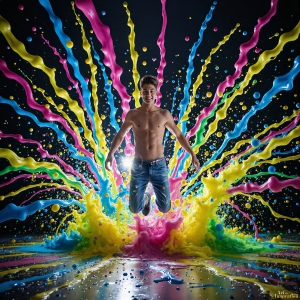 Paint Splat Fun - AI Photos of Hot men having fun with body paint. AI-generated abstract art featuring beautiful, handsome, sexy, shirtless, men, boys, lads, full of excitement joy and fun, covered in body paint, dynamic, interactive, Combining elements of realism with surreal abstract qualities, showcasing the potential of AI, in artistic expression. Photos of guys, just smiling, happy, and having a good time. Most of them are smiling because a paint bomb just blow up next to them, so I'm calling is Abstract Art. When paint attacks and makes people happy, it's Art!