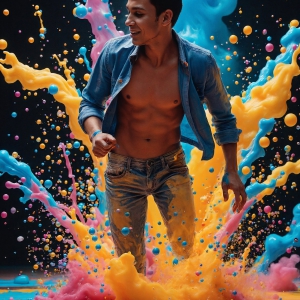 Paint Splat Fun - AI Photos of Hot men having fun with body paint. AI-generated abstract art featuring beautiful, handsome, sexy, shirtless, men, boys, lads, full of excitement joy and fun, covered in body paint, dynamic, interactive, Combining elements of realism with surreal abstract qualities, showcasing the potential of AI, in artistic expression. Photos of guys, just smiling, happy, and having a good time. Most of them are smiling because a paint bomb just blow up next to them, so I'm calling is Abstract Art. When paint attacks and makes people happy, it's Art!