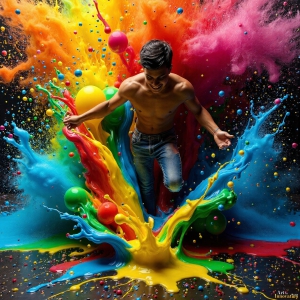 Paint Splat Fun - AI Photos of Hot men having fun with body paint. AI-generated abstract art featuring beautiful, handsome, sexy, shirtless, men, boys, lads, full of excitement joy and fun, covered in body paint, dynamic, interactive, Combining elements of realism with surreal abstract qualities, showcasing the potential of AI, in artistic expression. Photos of guys, just smiling, happy, and having a good time. Most of them are smiling because a paint bomb just blow up next to them, so I'm calling is Abstract Art. When paint attacks and makes people happy, it's Art!