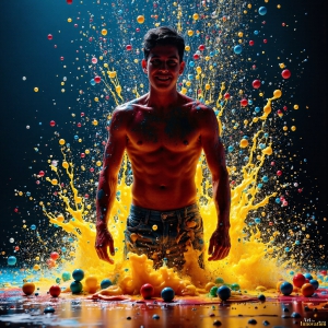 Paint Splat Fun - AI Photos of Hot men having fun with body paint. AI-generated abstract art featuring beautiful, handsome, sexy, shirtless, men, boys, lads, full of excitement joy and fun, covered in body paint, dynamic, interactive, Combining elements of realism with surreal abstract qualities, showcasing the potential of AI, in artistic expression. Photos of guys, just smiling, happy, and having a good time. Most of them are smiling because a paint bomb just blow up next to them, so I'm calling is Abstract Art. When paint attacks and makes people happy, it's Art!