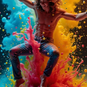 Paint Splat Fun - AI Photos of Hot men having fun with body paint. AI-generated abstract art featuring beautiful, handsome, sexy, shirtless, men, boys, lads, full of excitement joy and fun, covered in body paint, dynamic, interactive, Combining elements of realism with surreal abstract qualities, showcasing the potential of AI, in artistic expression. Photos of guys, just smiling, happy, and having a good time. Most of them are smiling because a paint bomb just blow up next to them, so I'm calling is Abstract Art. When paint attacks and makes people happy, it's Art!