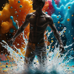 Paint Splat Fun - AI Photos of Hot men having fun with body paint. AI-generated abstract art featuring beautiful, handsome, sexy, shirtless, men, boys, lads, full of excitement joy and fun, covered in body paint, dynamic, interactive, Combining elements of realism with surreal abstract qualities, showcasing the potential of AI, in artistic expression. Photos of guys, just smiling, happy, and having a good time. Most of them are smiling because a paint bomb just blow up next to them, so I'm calling is Abstract Art. When paint attacks and makes people happy, it's Art!