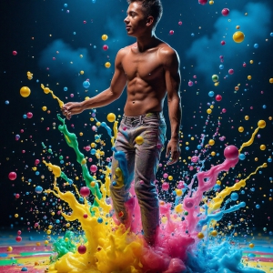 Paint Splat Fun - AI Photos of Hot men having fun with body paint. AI-generated abstract art featuring beautiful, handsome, sexy, shirtless, men, boys, lads, full of excitement joy and fun, covered in body paint, dynamic, interactive, Combining elements of realism with surreal abstract qualities, showcasing the potential of AI, in artistic expression. Photos of guys, just smiling, happy, and having a good time. Most of them are smiling because a paint bomb just blow up next to them, so I'm calling is Abstract Art. When paint attacks and makes people happy, it's Art!