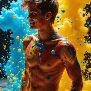 Paint Splat Fun - AI Photos of Hot men having fun with body paint. AI-generated abstract art featuring beautiful, handsome, sexy, shirtless, men, boys, lads, full of excitement joy and fun, covered in body paint, dynamic, interactive, Combining elements of realism with surreal abstract qualities, showcasing the potential of AI, in artistic expression. Photos of guys, just smiling, happy, and having a good time. Most of them are smiling because a paint bomb just blow up next to them, so I'm calling is Abstract Art. When paint attacks and makes people happy, it's Art!