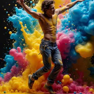 Paint Splat Fun - AI Photos of Hot men having fun with body paint. AI-generated abstract art featuring beautiful, handsome, sexy, shirtless, men, boys, lads, full of excitement joy and fun, covered in body paint, dynamic, interactive, Combining elements of realism with surreal abstract qualities, showcasing the potential of AI, in artistic expression. Photos of guys, just smiling, happy, and having a good time. Most of them are smiling because a paint bomb just blow up next to them, so I'm calling is Abstract Art. When paint attacks and makes people happy, it's Art!