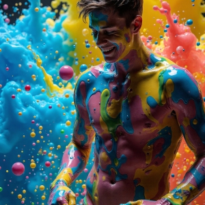 Paint Splat Fun - AI Photos of Hot men having fun with body paint. AI-generated abstract art featuring beautiful, handsome, sexy, shirtless, men, boys, lads, full of excitement joy and fun, covered in body paint, dynamic, interactive, Combining elements of realism with surreal abstract qualities, showcasing the potential of AI, in artistic expression. Photos of guys, just smiling, happy, and having a good time. Most of them are smiling because a paint bomb just blow up next to them, so I'm calling is Abstract Art. When paint attacks and makes people happy, it's Art!