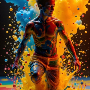 Paint Splat Fun - AI Photos of Hot men having fun with body paint. AI-generated abstract art featuring beautiful, handsome, sexy, shirtless, men, boys, lads, full of excitement joy and fun, covered in body paint, dynamic, interactive, Combining elements of realism with surreal abstract qualities, showcasing the potential of AI, in artistic expression. Photos of guys, just smiling, happy, and having a good time. Most of them are smiling because a paint bomb just blow up next to them, so I'm calling is Abstract Art. When paint attacks and makes people happy, it's Art!