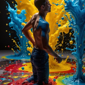 Paint Splat Fun - AI Photos of Hot men having fun with body paint. AI-generated abstract art featuring beautiful, handsome, sexy, shirtless, men, boys, lads, full of excitement joy and fun, covered in body paint, dynamic, interactive, Combining elements of realism with surreal abstract qualities, showcasing the potential of AI, in artistic expression. Photos of guys, just smiling, happy, and having a good time. Most of them are smiling because a paint bomb just blow up next to them, so I'm calling is Abstract Art. When paint attacks and makes people happy, it's Art!