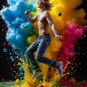 Paint Splat Fun - AI Photos of Hot men having fun with body paint. AI-generated abstract art featuring beautiful, handsome, sexy, shirtless, men, boys, lads, full of excitement joy and fun, covered in body paint, dynamic, interactive, Combining elements of realism with surreal abstract qualities, showcasing the potential of AI, in artistic expression. Photos of guys, just smiling, happy, and having a good time. Most of them are smiling because a paint bomb just blow up next to them, so I'm calling is Abstract Art. When paint attacks and makes people happy, it's Art!