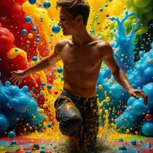 Paint Splat Fun - AI Photos of Hot men having fun with body paint. AI-generated abstract art featuring beautiful, handsome, sexy, shirtless, men, boys, lads, full of excitement joy and fun, covered in body paint, dynamic, interactive, Combining elements of realism with surreal abstract qualities, showcasing the potential of AI, in artistic expression. Photos of guys, just smiling, happy, and having a good time. Most of them are smiling because a paint bomb just blow up next to them, so I'm calling is Abstract Art. When paint attacks and makes people happy, it's Art!