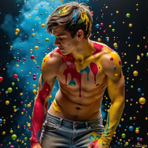 Paint Splat Fun - AI Photos of Hot men having fun with body paint. AI-generated abstract art featuring beautiful, handsome, sexy, shirtless, men, boys, lads, full of excitement joy and fun, covered in body paint, dynamic, interactive, Combining elements of realism with surreal abstract qualities, showcasing the potential of AI, in artistic expression. Photos of guys, just smiling, happy, and having a good time. Most of them are smiling because a paint bomb just blow up next to them, so I'm calling is Abstract Art. When paint attacks and makes people happy, it's Art!