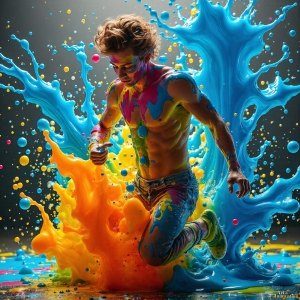 Paint Splat Fun - AI Photos of Hot men having fun with body paint. AI-generated abstract art featuring beautiful, handsome, sexy, shirtless, men, boys, lads, full of excitement joy and fun, covered in body paint, dynamic, interactive, Combining elements of realism with surreal abstract qualities, showcasing the potential of AI, in artistic expression. Photos of guys, just smiling, happy, and having a good time. Most of them are smiling because a paint bomb just blow up next to them, so I'm calling is Abstract Art. When paint attacks and makes people happy, it's Art!