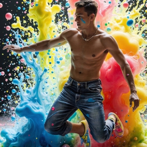 Paint Splat Fun - AI Photos of Hot men having fun with body paint. AI-generated abstract art featuring beautiful, handsome, sexy, shirtless, men, boys, lads, full of excitement joy and fun, covered in body paint, dynamic, interactive, Combining elements of realism with surreal abstract qualities, showcasing the potential of AI, in artistic expression. Photos of guys, just smiling, happy, and having a good time. Most of them are smiling because a paint bomb just blow up next to them, so I'm calling is Abstract Art. When paint attacks and makes people happy, it's Art!