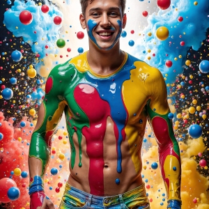 Paint Splat Fun - AI Photos of Hot men having fun with body paint. AI-generated abstract art featuring beautiful, handsome, sexy, shirtless, men, boys, lads, full of excitement joy and fun, covered in body paint, dynamic, interactive, Combining elements of realism with surreal abstract qualities, showcasing the potential of AI, in artistic expression. Photos of guys, just smiling, happy, and having a good time. Most of them are smiling because a paint bomb just blow up next to them, so I'm calling is Abstract Art. When paint attacks and makes people happy, it's Art!
