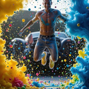 Paint Splat Fun - AI Photos of Hot men having fun with body paint. AI-generated abstract art featuring beautiful, handsome, sexy, shirtless, men, boys, lads, full of excitement joy and fun, covered in body paint, dynamic, interactive, Combining elements of realism with surreal abstract qualities, showcasing the potential of AI, in artistic expression. Photos of guys, just smiling, happy, and having a good time. Most of them are smiling because a paint bomb just blow up next to them, so I'm calling is Abstract Art. When paint attacks and makes people happy, it's Art!
