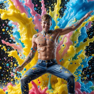 Paint Splat Fun - AI Photos of Hot men having fun with body paint. AI-generated abstract art featuring beautiful, handsome, sexy, shirtless, men, boys, lads, full of excitement joy and fun, covered in body paint, dynamic, interactive, Combining elements of realism with surreal abstract qualities, showcasing the potential of AI, in artistic expression. Photos of guys, just smiling, happy, and having a good time. Most of them are smiling because a paint bomb just blow up next to them, so I'm calling is Abstract Art. When paint attacks and makes people happy, it's Art!