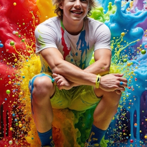 Paint Splat Fun - AI Photos of Hot men having fun with body paint. AI-generated abstract art featuring beautiful, handsome, sexy, shirtless, men, boys, lads, full of excitement joy and fun, covered in body paint, dynamic, interactive, Combining elements of realism with surreal abstract qualities, showcasing the potential of AI, in artistic expression. Photos of guys, just smiling, happy, and having a good time. Most of them are smiling because a paint bomb just blow up next to them, so I'm calling is Abstract Art. When paint attacks and makes people happy, it's Art!