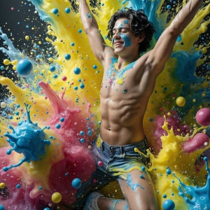 Paint Splat Fun - AI Photos of Hot men having fun with body paint. AI-generated abstract art featuring beautiful, handsome, sexy, shirtless, men, boys, lads, full of excitement joy and fun, covered in body paint, dynamic, interactive, Combining elements of realism with surreal abstract qualities, showcasing the potential of AI, in artistic expression. Photos of guys, just smiling, happy, and having a good time. Most of them are smiling because a paint bomb just blow up next to them, so I'm calling is Abstract Art. When paint attacks and makes people happy, it's Art!