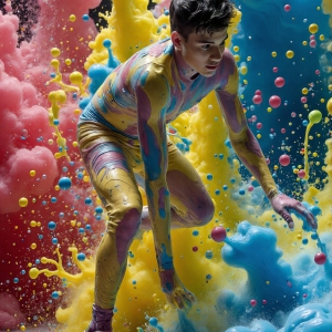 Paint Splat Fun - AI Photos of Hot men having fun with body paint. AI-generated abstract art featuring beautiful, handsome, sexy, shirtless, men, boys, lads, full of excitement joy and fun, covered in body paint, dynamic, interactive, Combining elements of realism with surreal abstract qualities, showcasing the potential of AI, in artistic expression. Photos of guys, just smiling, happy, and having a good time. Most of them are smiling because a paint bomb just blow up next to them, so I'm calling is Abstract Art. When paint attacks and makes people happy, it's Art!
