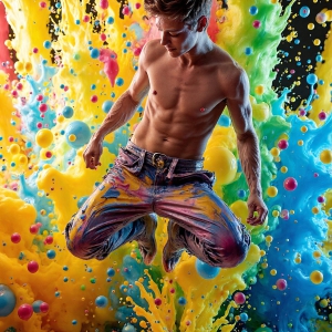 Paint Splat Fun - AI Photos of Hot men having fun with body paint. AI-generated abstract art featuring beautiful, handsome, sexy, shirtless, men, boys, lads, full of excitement joy and fun, covered in body paint, dynamic, interactive, Combining elements of realism with surreal abstract qualities, showcasing the potential of AI, in artistic expression. Photos of guys, just smiling, happy, and having a good time. Most of them are smiling because a paint bomb just blow up next to them, so I'm calling is Abstract Art. When paint attacks and makes people happy, it's Art!