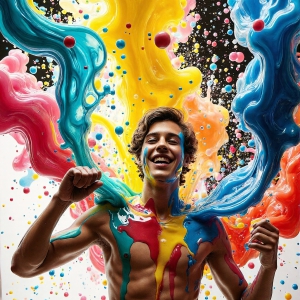 Paint Splat Fun - AI Photos of Hot men having fun with body paint. AI-generated abstract art featuring beautiful, handsome, sexy, shirtless, men, boys, lads, full of excitement joy and fun, covered in body paint, dynamic, interactive, Combining elements of realism with surreal abstract qualities, showcasing the potential of AI, in artistic expression. Photos of guys, just smiling, happy, and having a good time. Most of them are smiling because a paint bomb just blow up next to them, so I'm calling is Abstract Art. When paint attacks and makes people happy, it's Art!