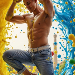 Paint Splat Fun - AI Photos of Hot men having fun with body paint. AI-generated abstract art featuring beautiful, handsome, sexy, shirtless, men, boys, lads, full of excitement joy and fun, covered in body paint, dynamic, interactive, Combining elements of realism with surreal abstract qualities, showcasing the potential of AI, in artistic expression. Photos of guys, just smiling, happy, and having a good time. Most of them are smiling because a paint bomb just blow up next to them, so I'm calling is Abstract Art. When paint attacks and makes people happy, it's Art!