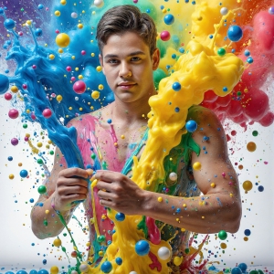 Paint Splat Fun - AI Photos of Hot men having fun with body paint. AI-generated abstract art featuring beautiful, handsome, sexy, shirtless, men, boys, lads, full of excitement joy and fun, covered in body paint, dynamic, interactive, Combining elements of realism with surreal abstract qualities, showcasing the potential of AI, in artistic expression. Photos of guys, just smiling, happy, and having a good time. Most of them are smiling because a paint bomb just blow up next to them, so I'm calling is Abstract Art. When paint attacks and makes people happy, it's Art!