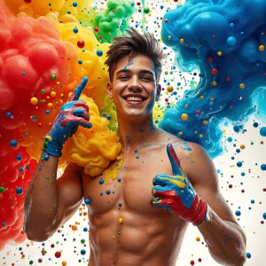 Paint Splat Fun - AI Photos of Hot men having fun with body paint. AI-generated abstract art featuring beautiful, handsome, sexy, shirtless, men, boys, lads, full of excitement joy and fun, covered in body paint, dynamic, interactive, Combining elements of realism with surreal abstract qualities, showcasing the potential of AI, in artistic expression. Photos of guys, just smiling, happy, and having a good time. Most of them are smiling because a paint bomb just blow up next to them, so I'm calling is Abstract Art. When paint attacks and makes people happy, it's Art!
