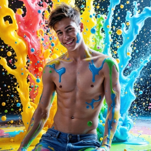 Paint Splat Fun - AI Photos of Hot men having fun with body paint. AI-generated abstract art featuring beautiful, handsome, sexy, shirtless, men, boys, lads, full of excitement joy and fun, covered in body paint, dynamic, interactive, Combining elements of realism with surreal abstract qualities, showcasing the potential of AI, in artistic expression. Photos of guys, just smiling, happy, and having a good time. Most of them are smiling because a paint bomb just blow up next to them, so I'm calling is Abstract Art. When paint attacks and makes people happy, it's Art!