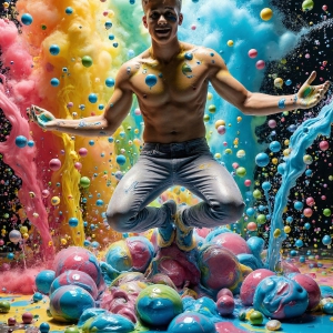 Paint Splat Fun - AI Photos of Hot men having fun with body paint. AI-generated abstract art featuring beautiful, handsome, sexy, shirtless, men, boys, lads, full of excitement joy and fun, covered in body paint, dynamic, interactive, Combining elements of realism with surreal abstract qualities, showcasing the potential of AI, in artistic expression. Photos of guys, just smiling, happy, and having a good time. Most of them are smiling because a paint bomb just blow up next to them, so I'm calling is Abstract Art. When paint attacks and makes people happy, it's Art!